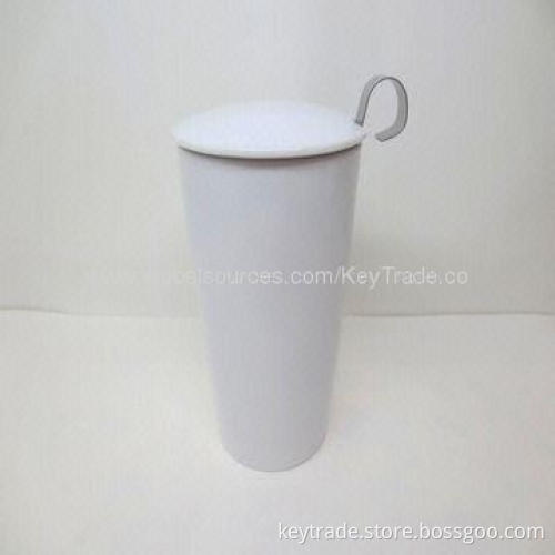 Fine porcelain double wall mug with lid and stainless steel strainer
